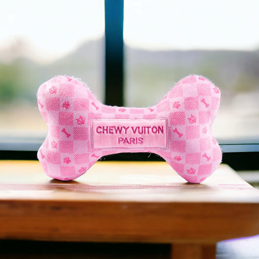 Pink Checkered Chewy Vuiton Bone Squeaker Dog Toy