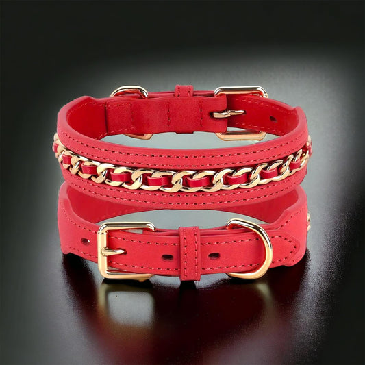 Genuine Leather with Gold Chain Design Dog Collar
