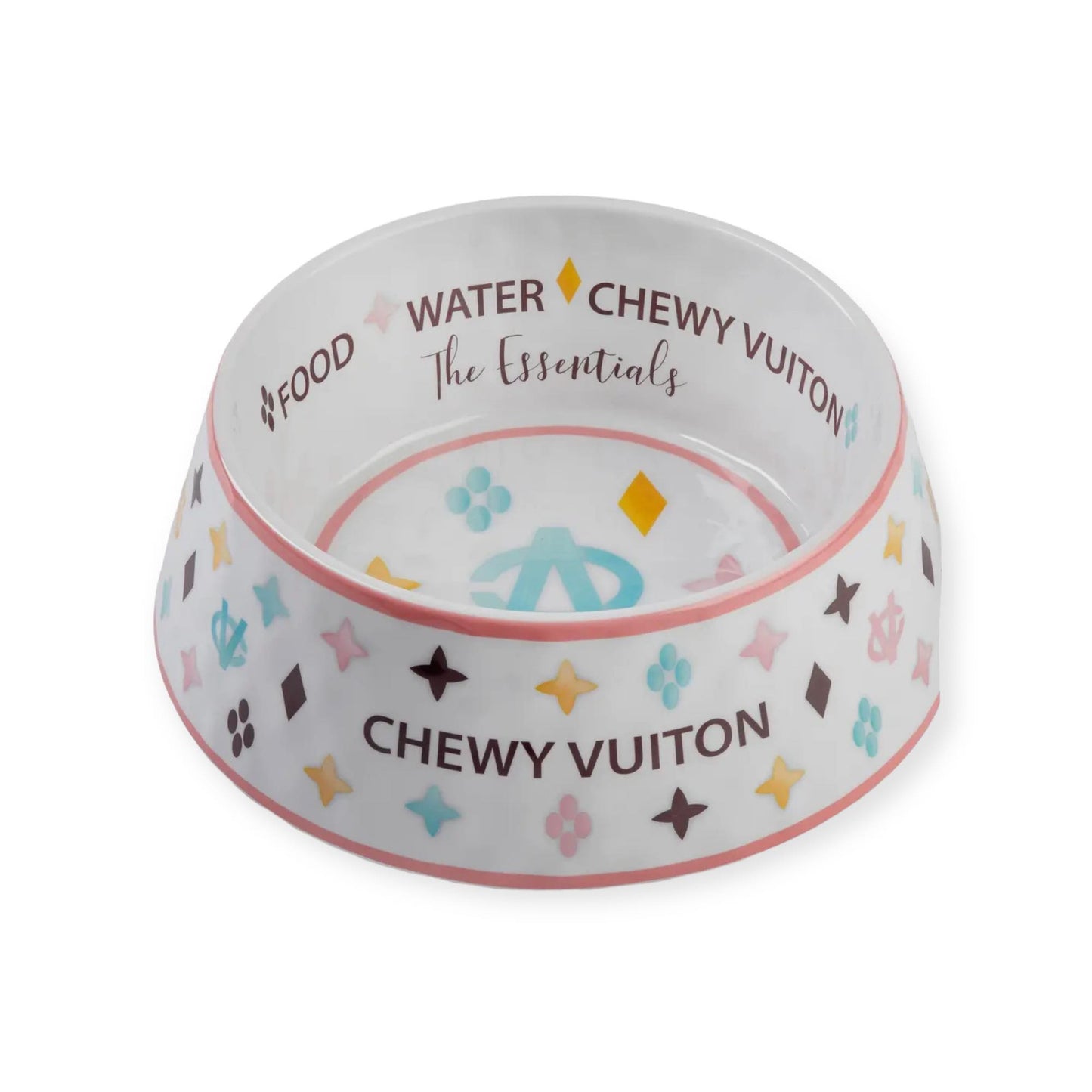 White Chewy Vuiton Pet Bowls