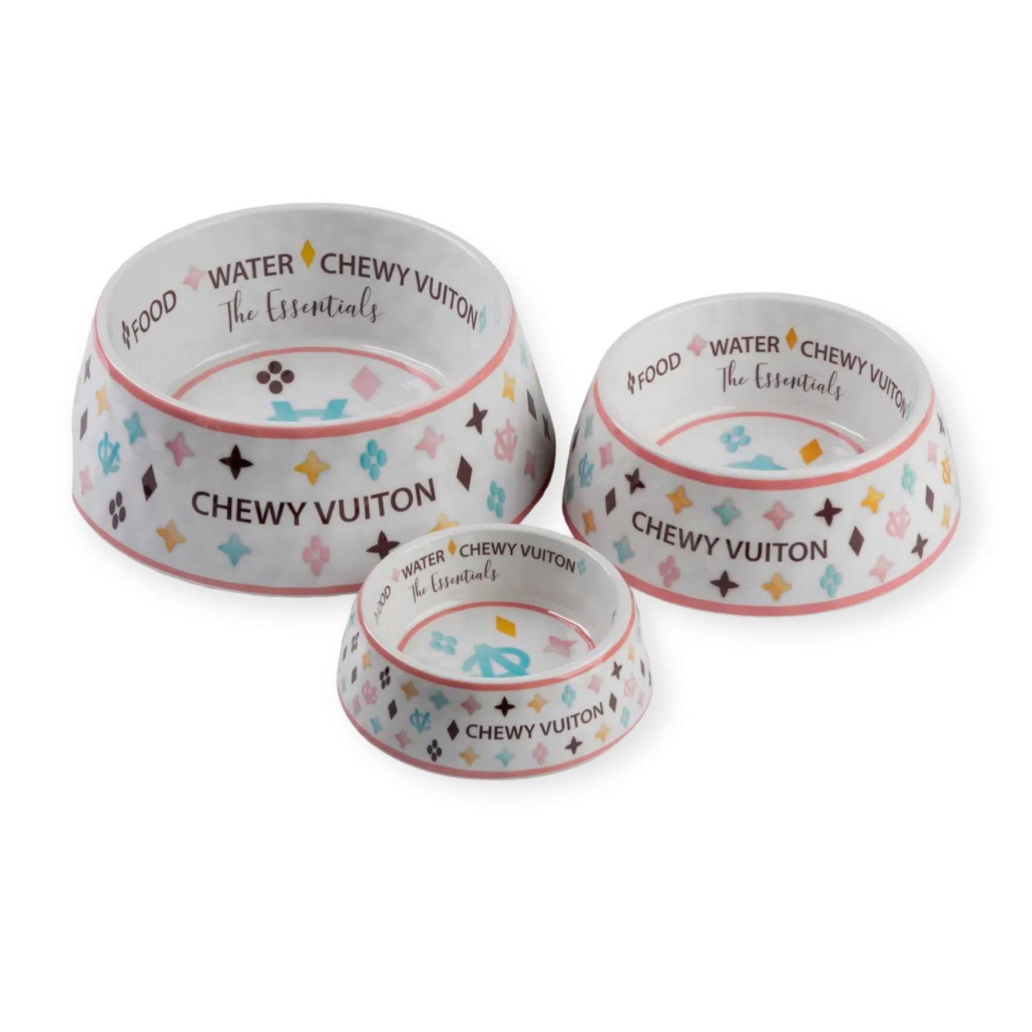 White Chewy Vuiton Pet Bowls