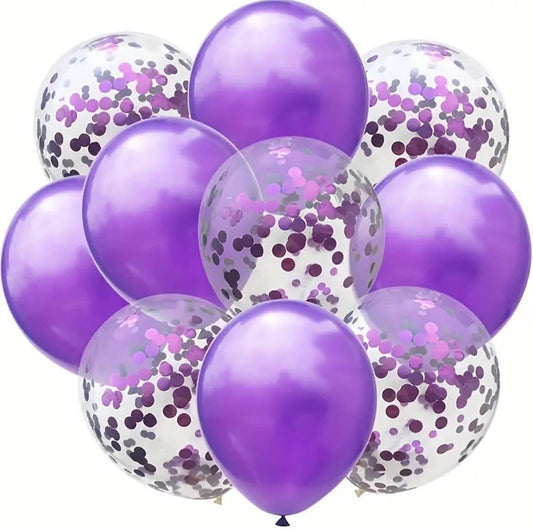 10pcs, 12in Latex Balloons and Purple Confetti Balloons