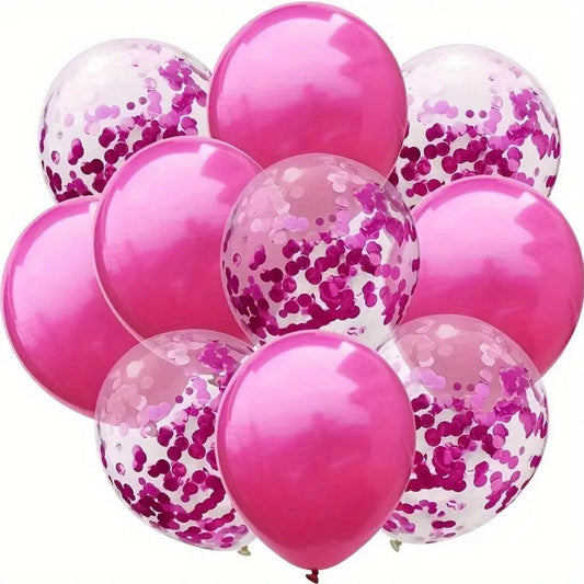 10pcs, 12in Latex Balloons And Hot Pink Confetti Balloons