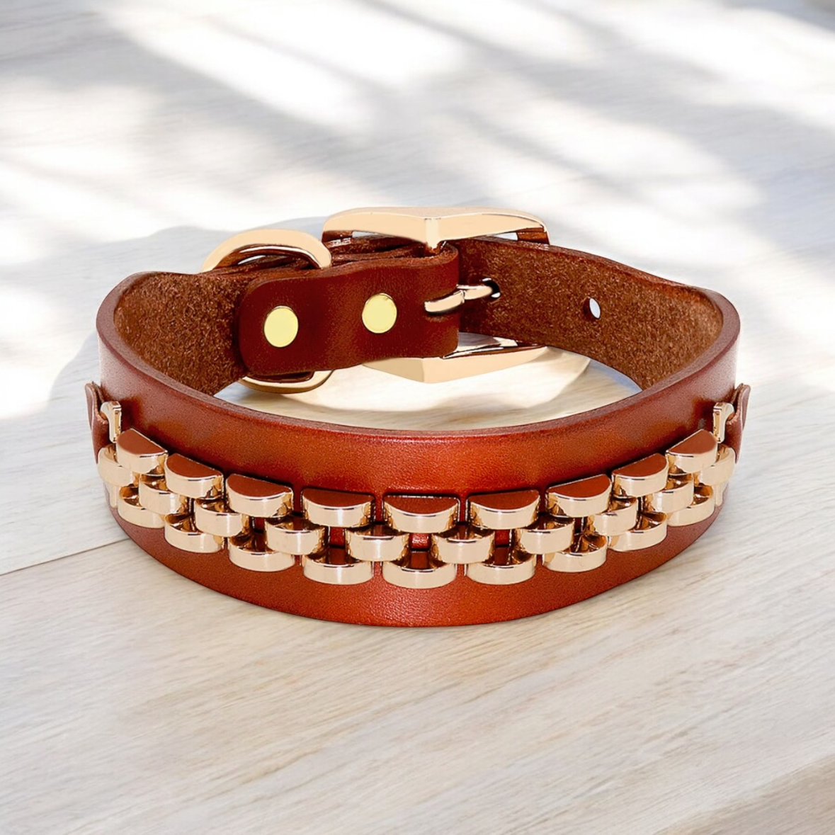 Genuine Leather Collar with Gold Attachments