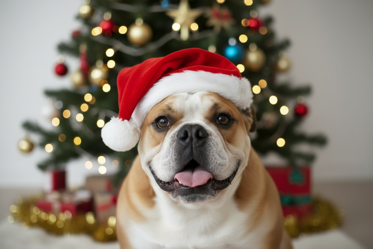 A bulldog in a santa hat